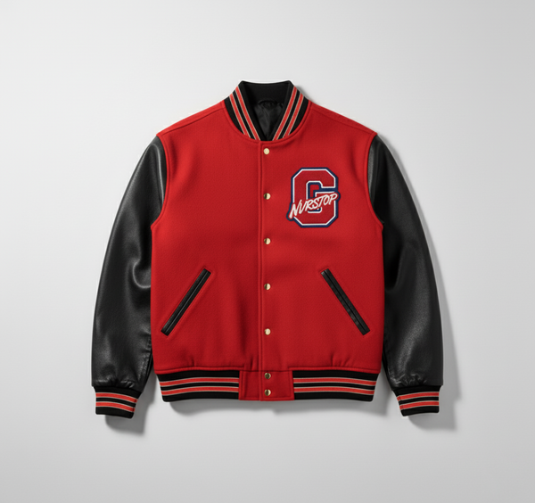 Varsity Jacket Red Wool Body with Black Leather Sleeves