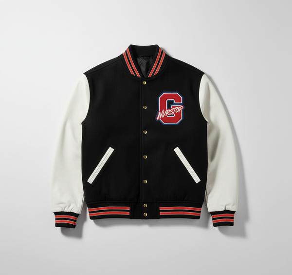 Varsity Jacket Black Wool Body with White Leather Sleeves