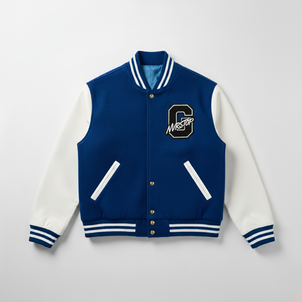 Varsity Jacket Royal Blue Wool Body with White Leather Sleeves
